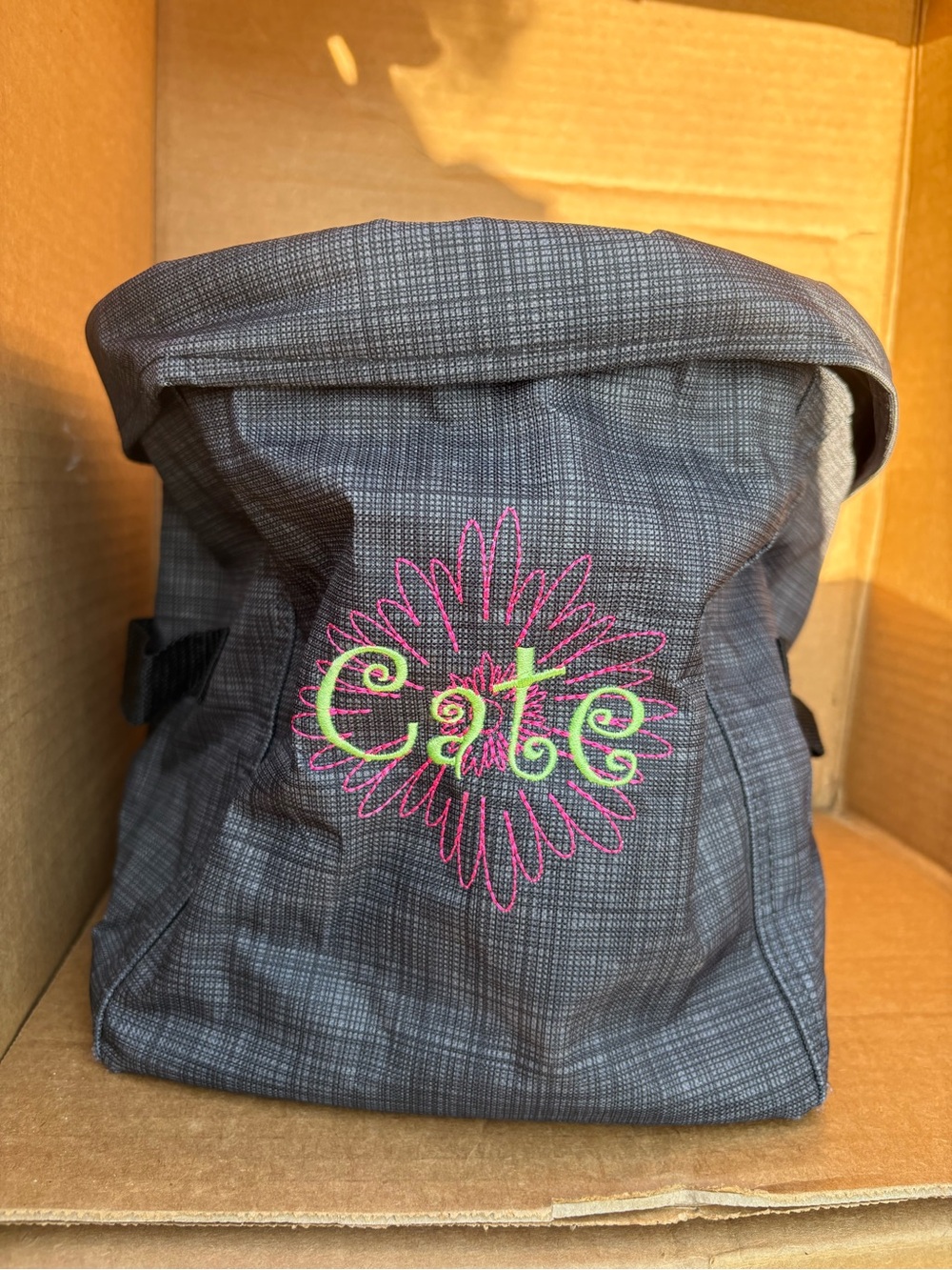 Gray/Black basket with Pink & Lime Flower Embroidery - Cate